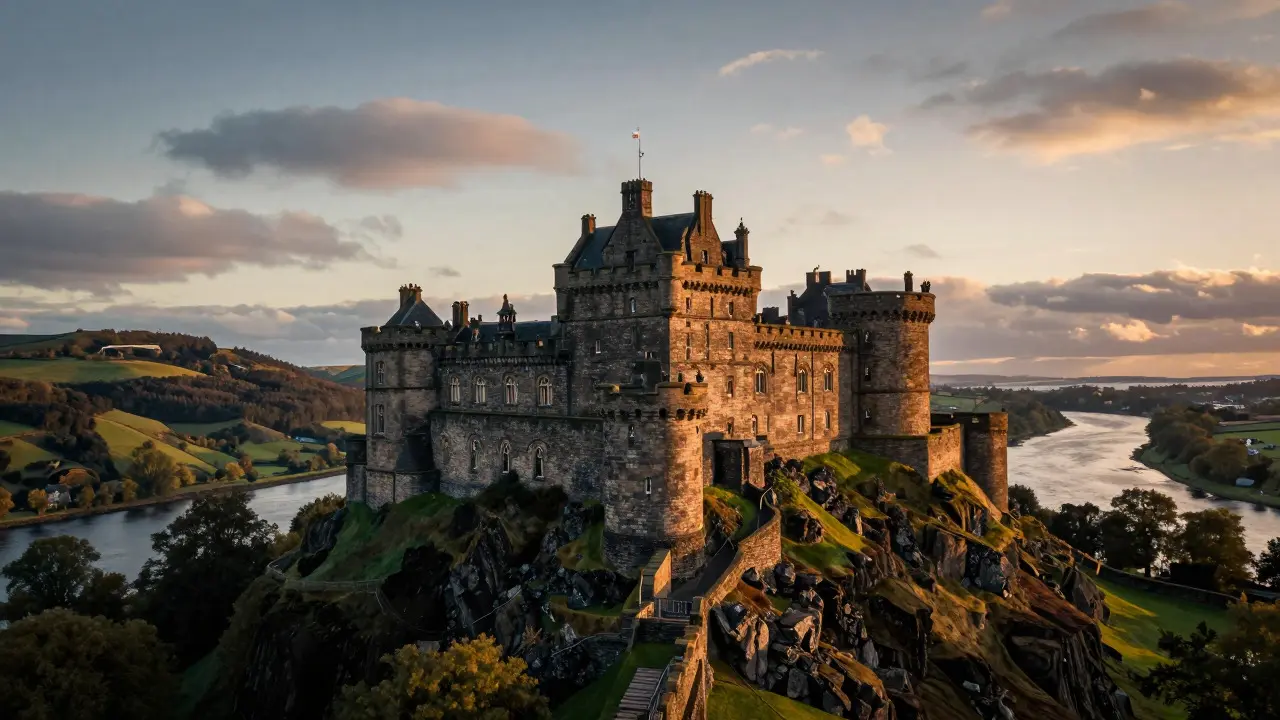 Stirling Castle illuminated by golden hour light on its rocky hill