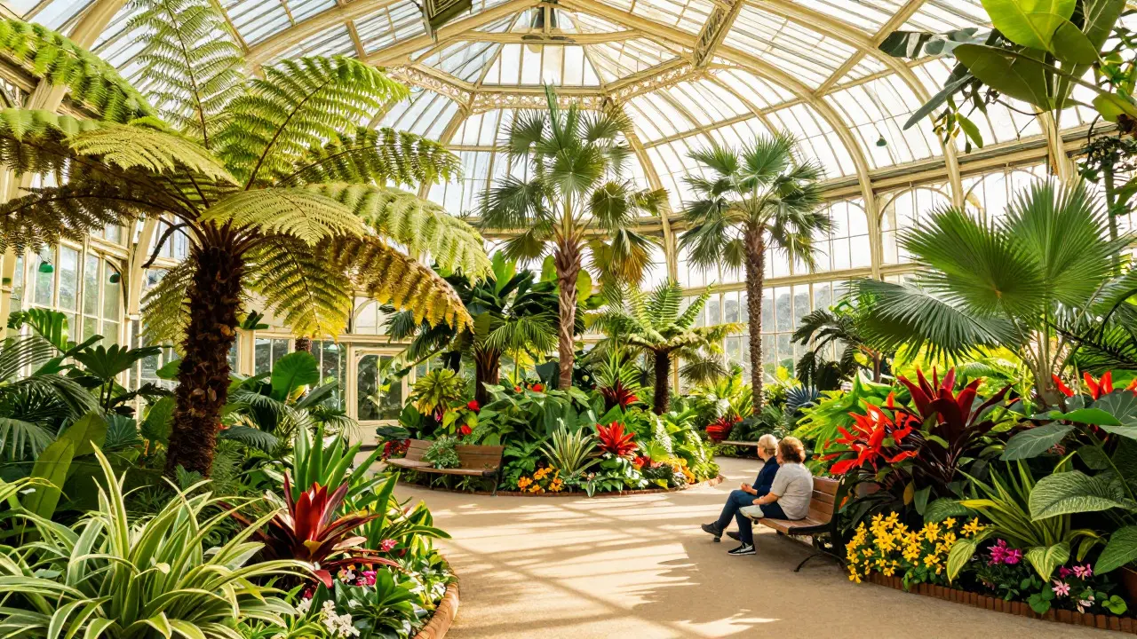 Sunlit Winter Gardens conservatory with tropical plants