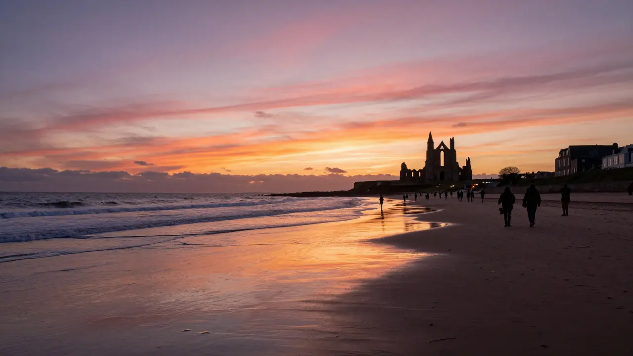 Sunset over East Sands beach with cathedral ruins silhouetted