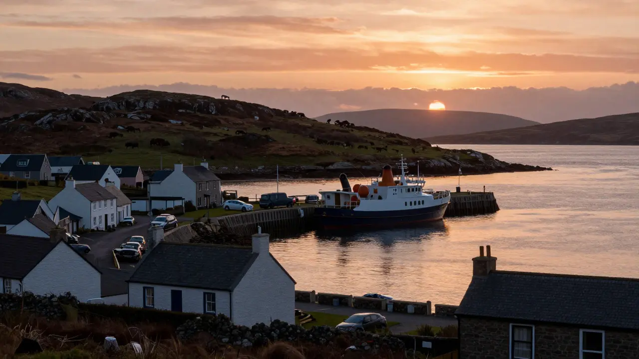 Sunset view of Scarinish harbor and cottages on Jura island