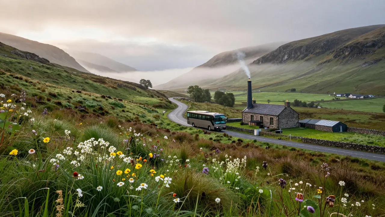 Tour bus driving through misty Scottish Highlands near a distillery