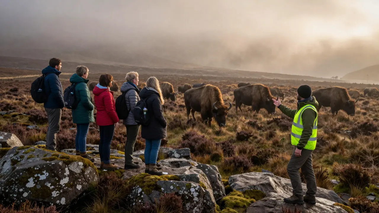 Tourists observing a herd of bison in the misty Cairngorms with a guide