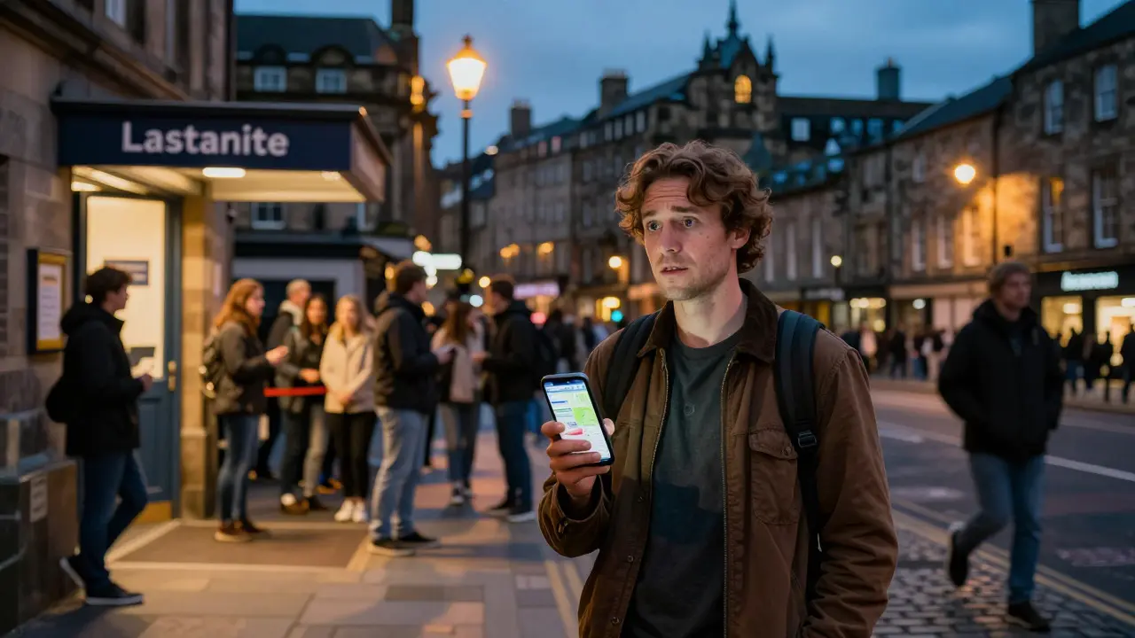Traveler checking phone near Edinburgh venue entrance at dusk during Fringe Festival.