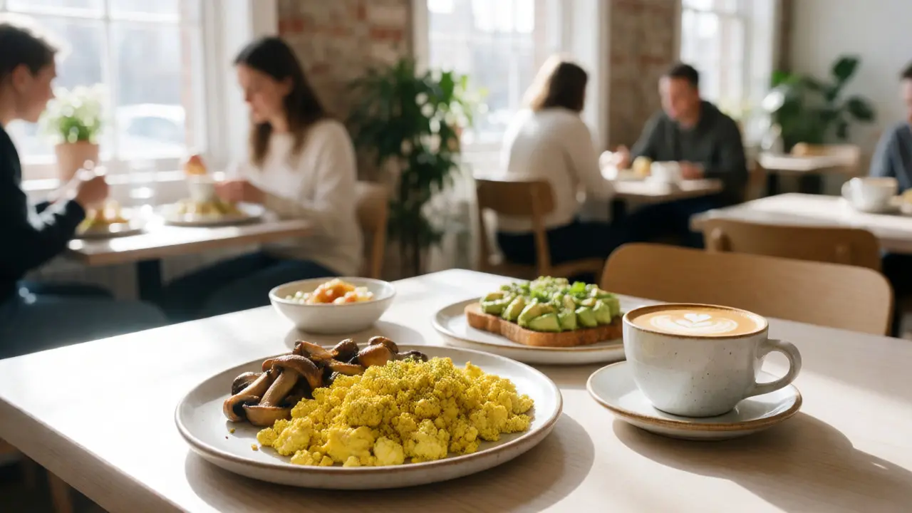 Vegan brunch with tofu scramble, mushrooms, avocado toast, and coffee