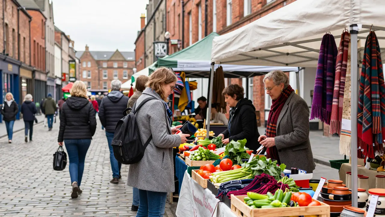 Vibrant outdoor market in Stirling city center with local crafts
