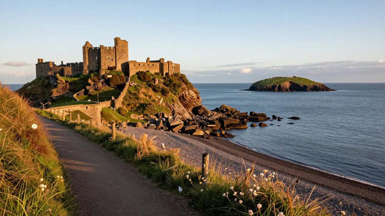 View from the cliff showing Tantallon Castle and Bass Rock in the distance during golden hour