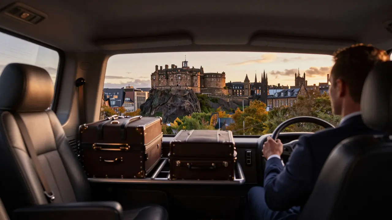 View of Edinburgh Castle from inside a private shuttle vehicle at sunset