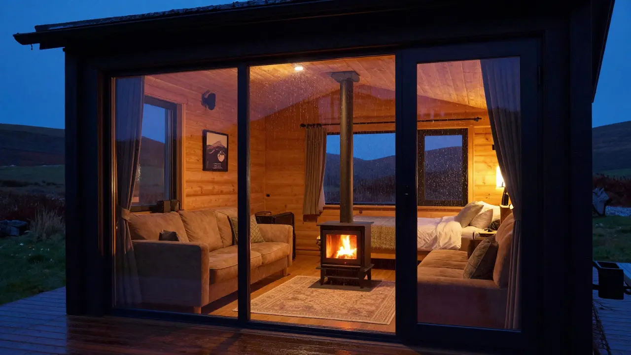 Warmly lit interior of a modern cabin with a fireplace during a rainy evening