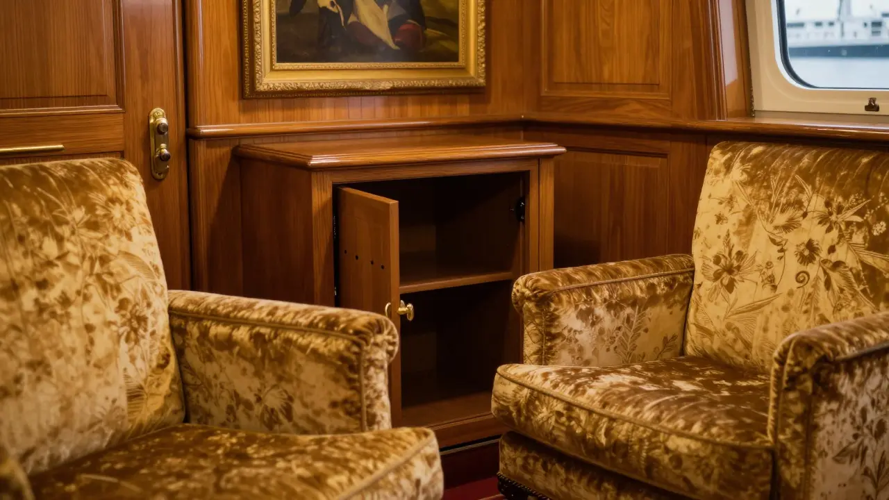 Warmly lit interior of the Queen's Suite with mahogany furniture