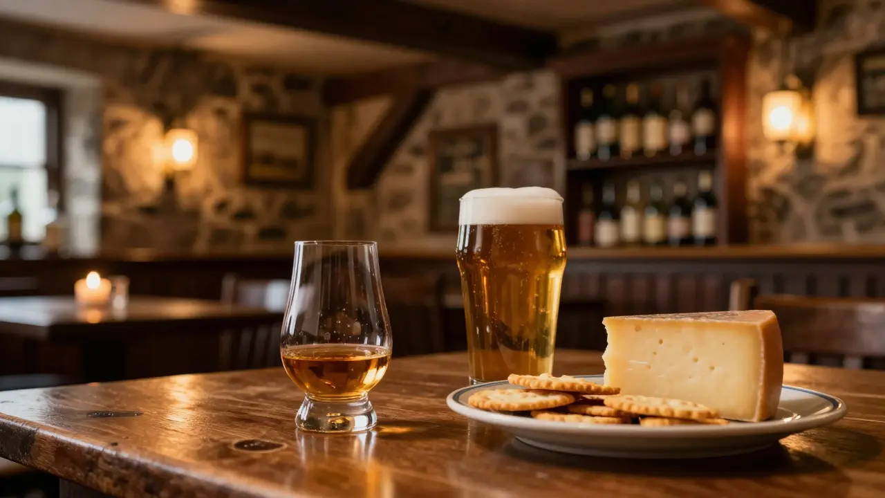 Whisky, beer, and cheese on a table in a cozy Scottish pub interior