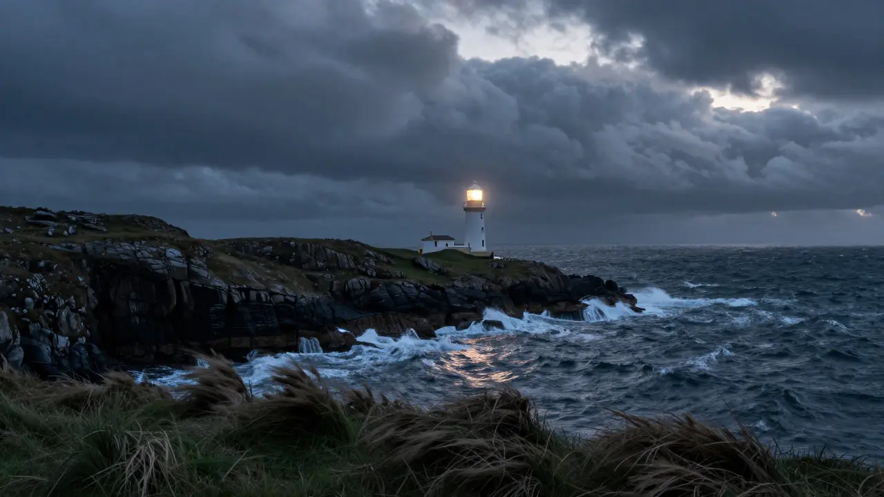 White lighthouse at Neist Point against a stormy twilight sky