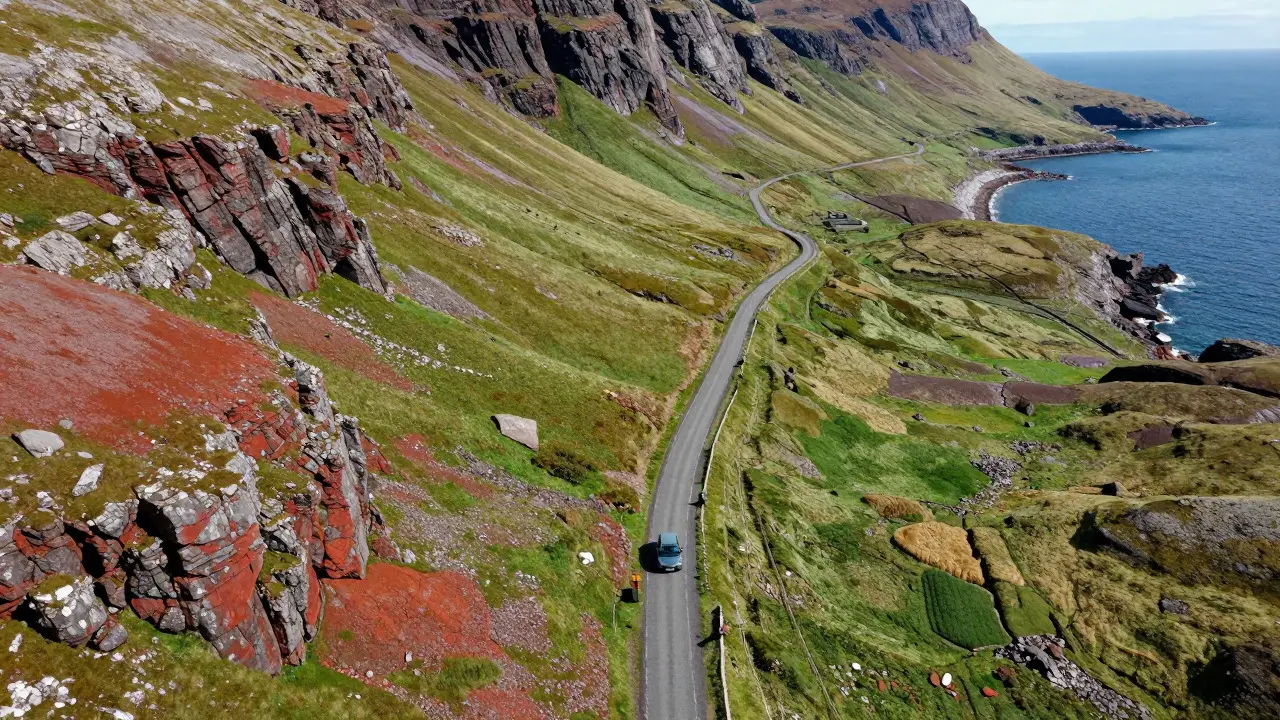 Winding narrow road through green glens and red cliffs on Trotternish