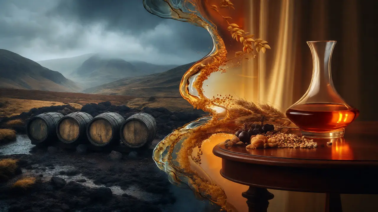 Artistic split view of Highland landscape and blended whisky ingredients