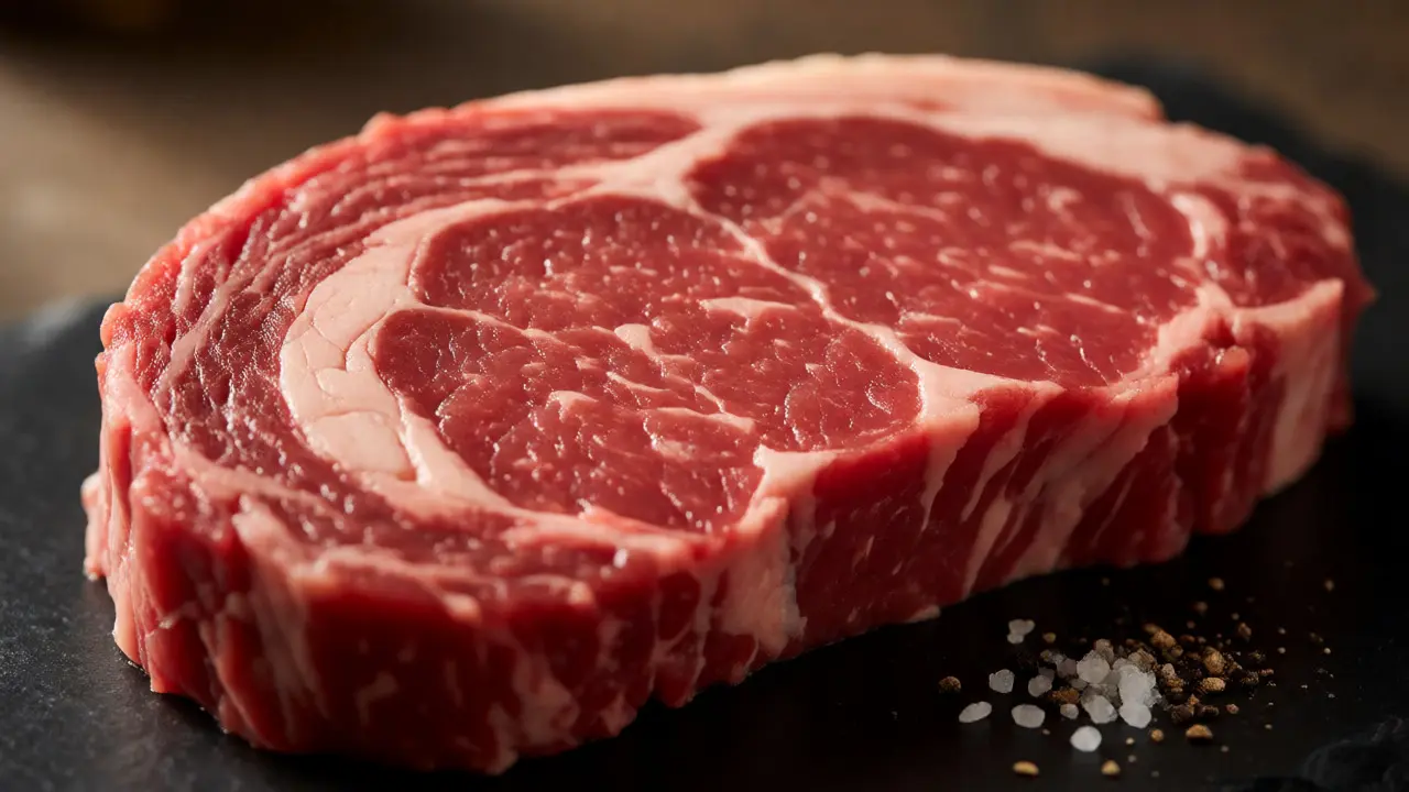 Close-up of marbled raw Aberdeen Angus ribeye steak