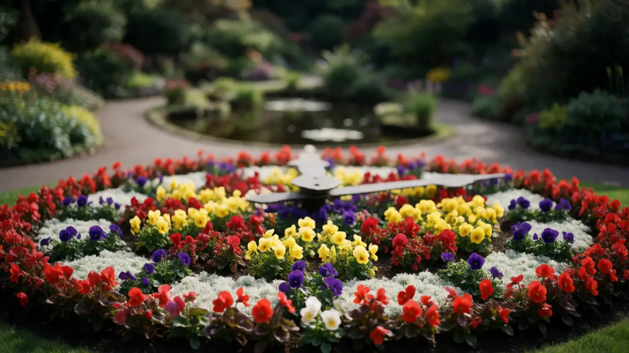 Close-up view of the colorful floral clock surrounded by blooming flowers in East Princes Street Gardens.