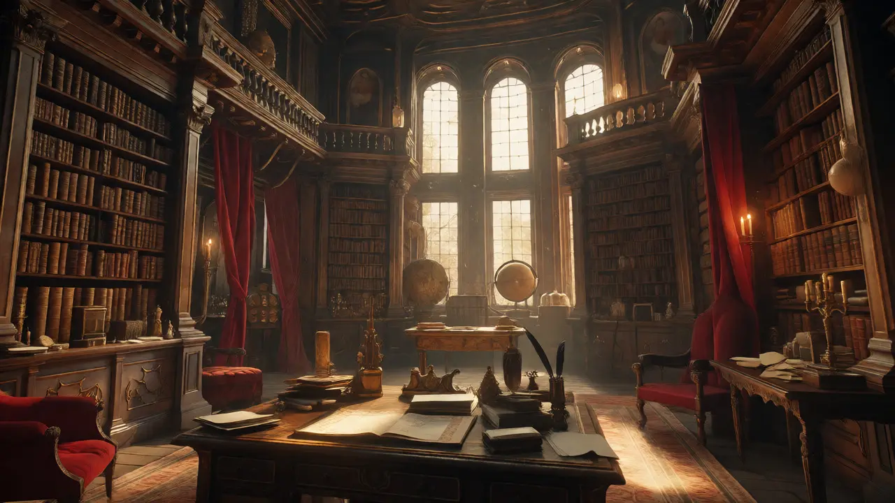 Cluttered, sunlit library inside Abbotsford House with books and artifacts