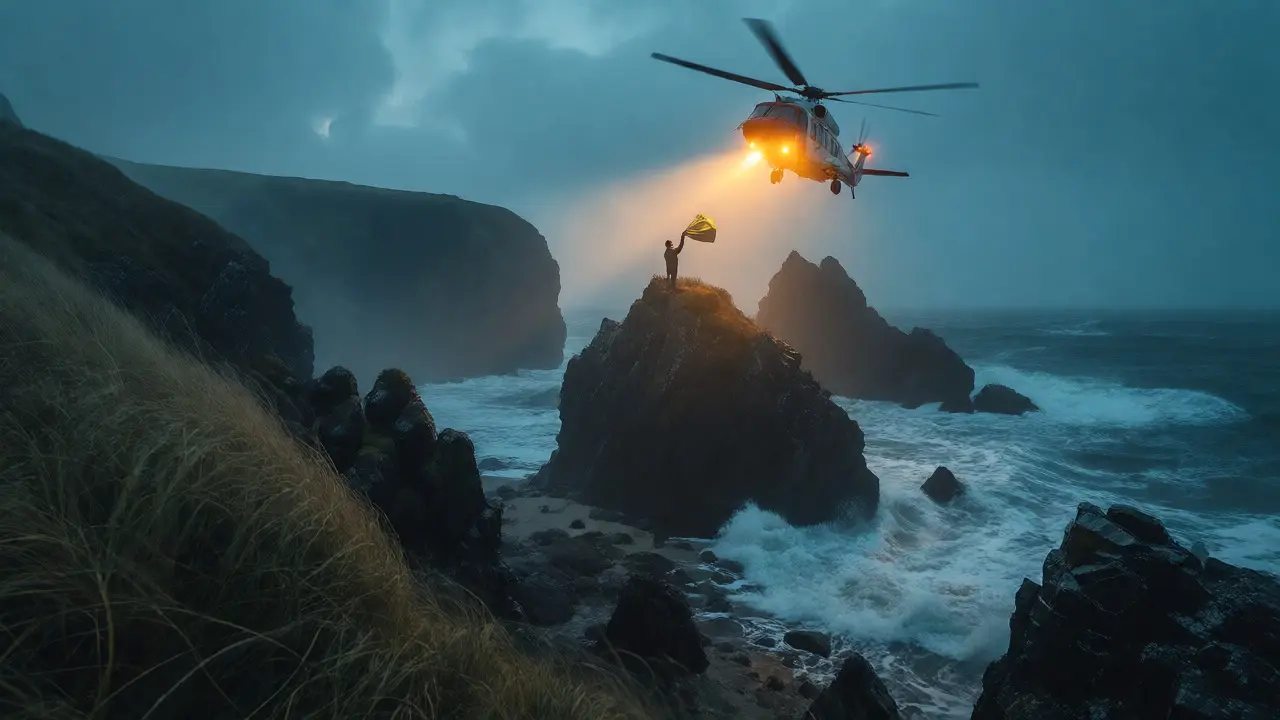 Coastguard helicopter rescuing a stranded person on a rocky Scottish headland at dusk.
