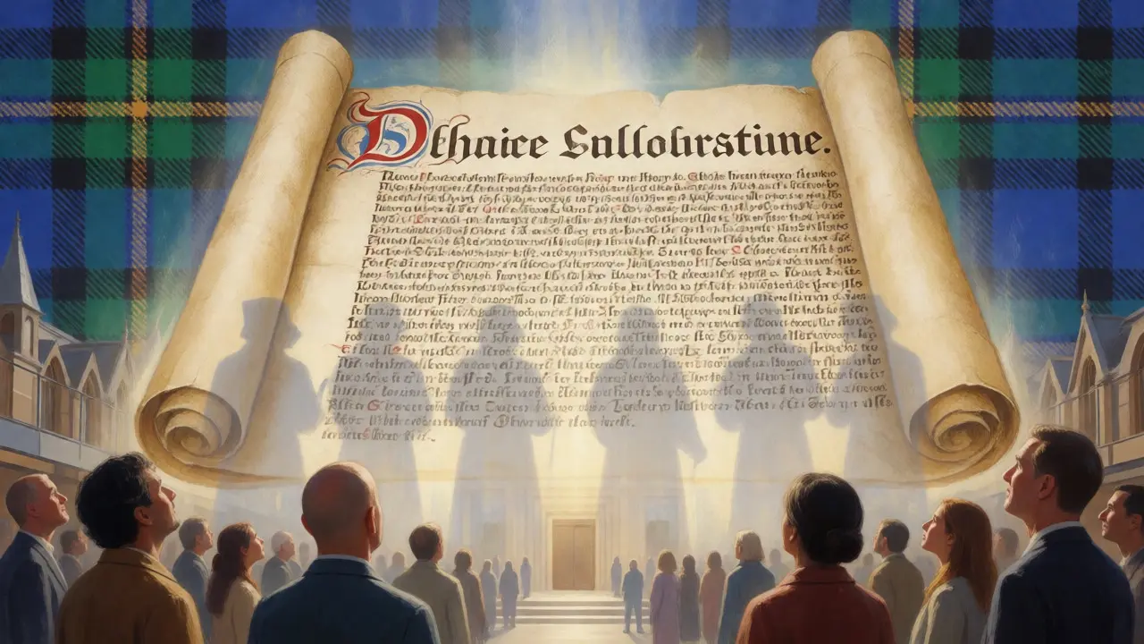 Conceptual art linking medieval signatories to modern concepts of freedom and identity.