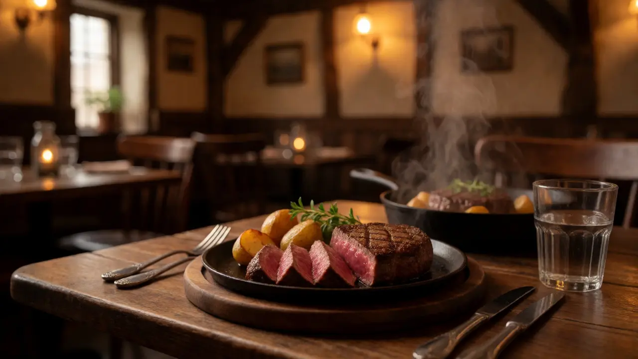 Cooked medium-rare Angus steak served in a rustic bistro