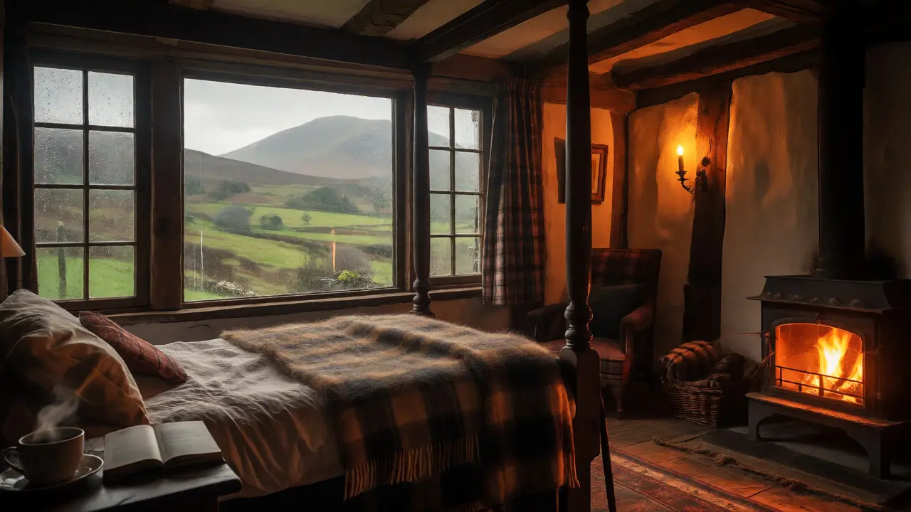 Cozy B&amp;B interior with fireplace and rainy mountain view on Skye