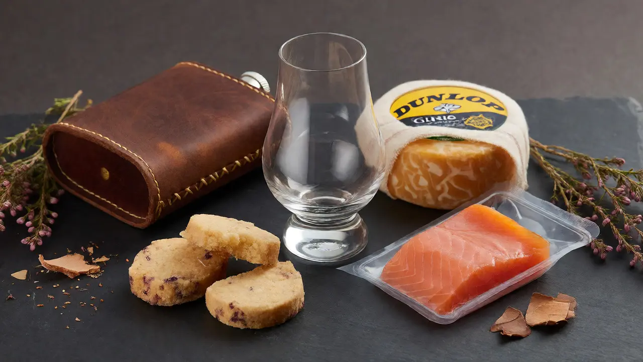 Curated whisky souvenirs including leather goods, cheese, shortbread, and oak shavings.