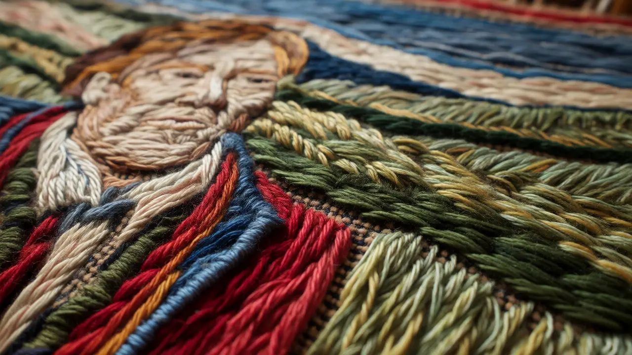Detailed close-up of embroidered Scottish history scenes with varied stitching techniques