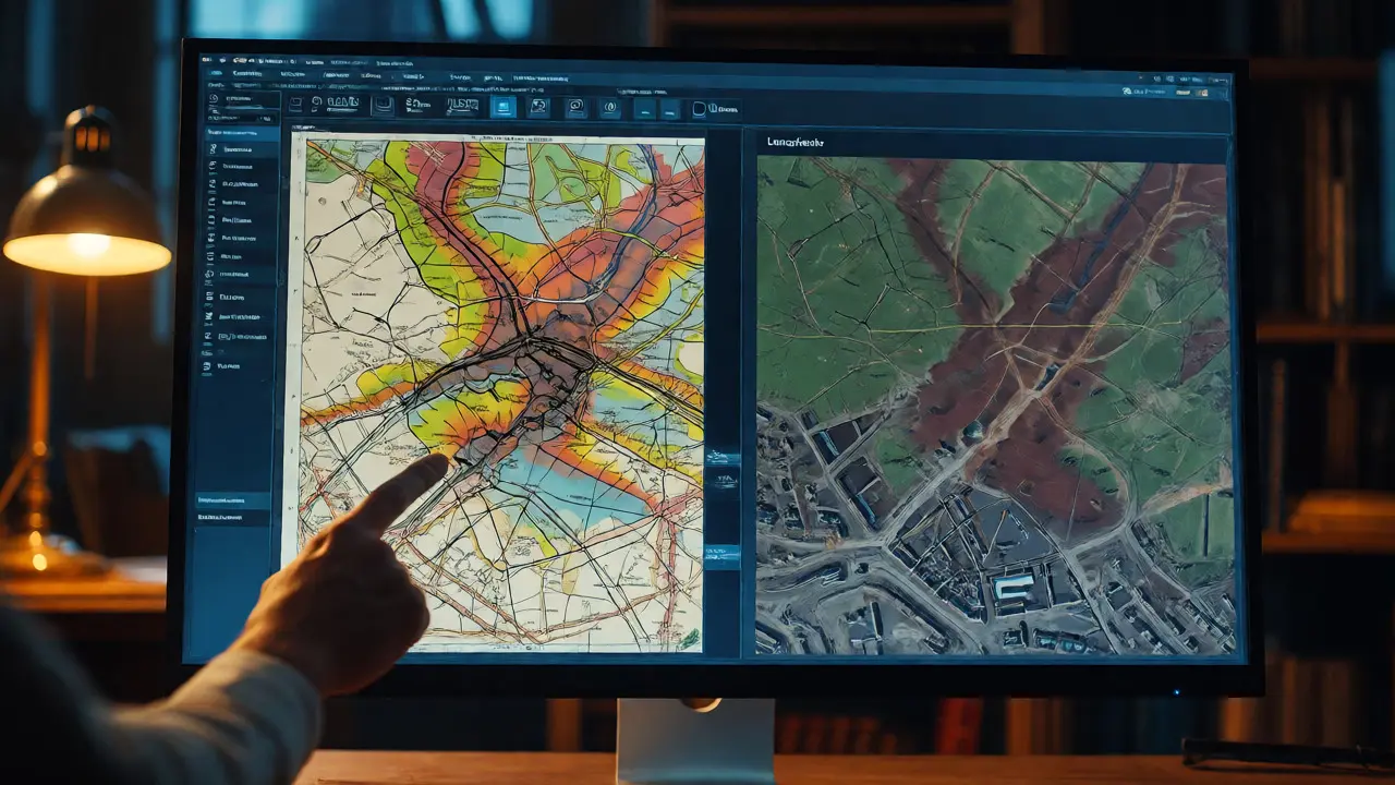 Digital screen comparing 19th-century coal mining maps with modern satellite views.