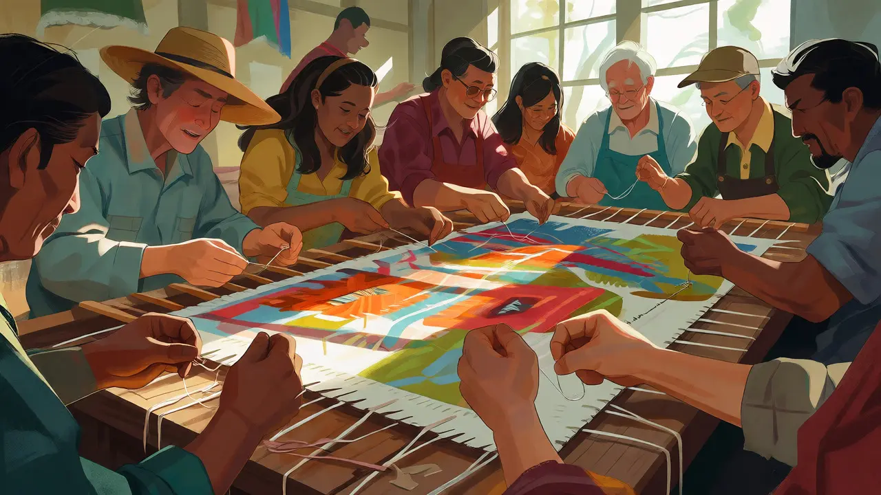 Diverse volunteers collaboratively stitching panels of the Great Tapestry in a workshop