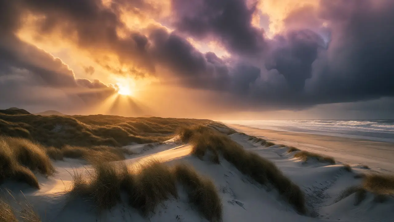 Dramatic sunset light breaking through clouds over the expansive dunes of Traigh Mhor.