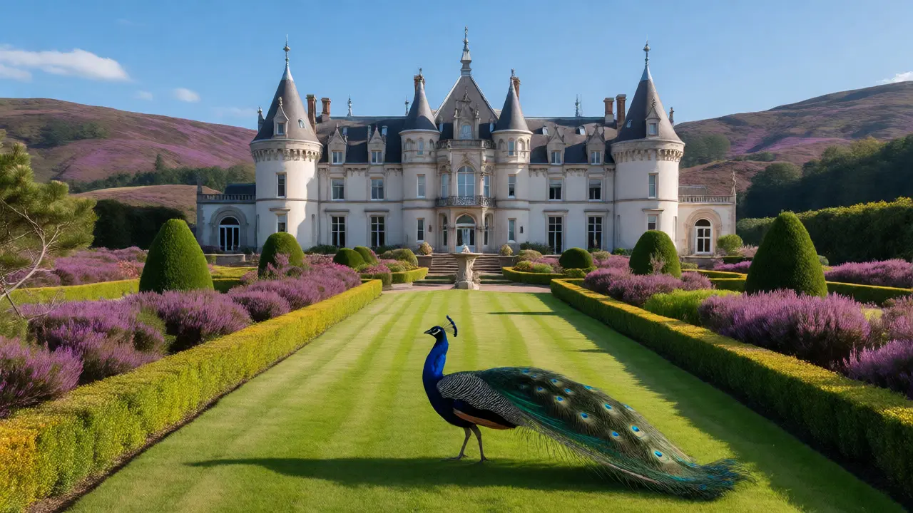 Dunrobin Castle gardens with a peacock and purple heather hills