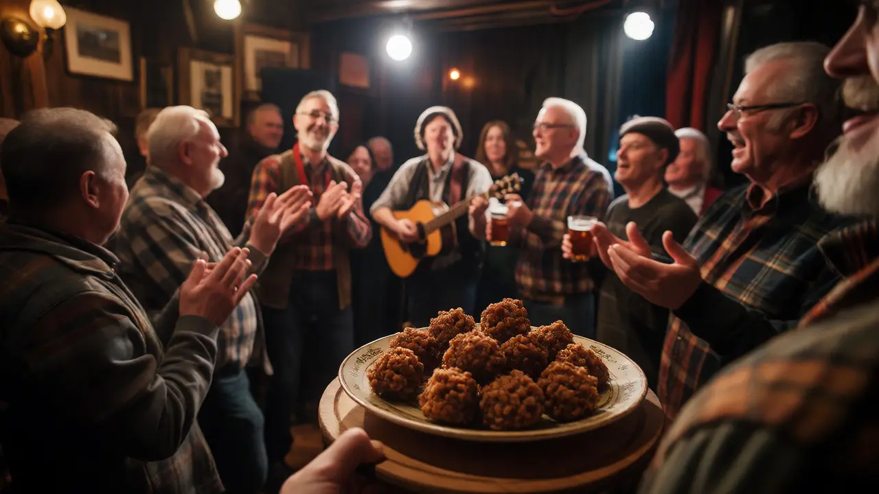 Energetic folk music session at a Glasgow pub with a crowd clapping and haggis bon bons on a table.