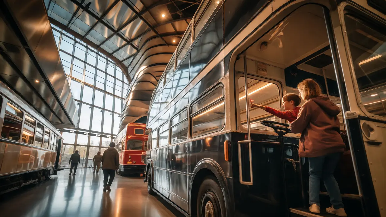 Family exploring the interior of a vintage double-decker bus at the Riverside Museum in Glasgow.