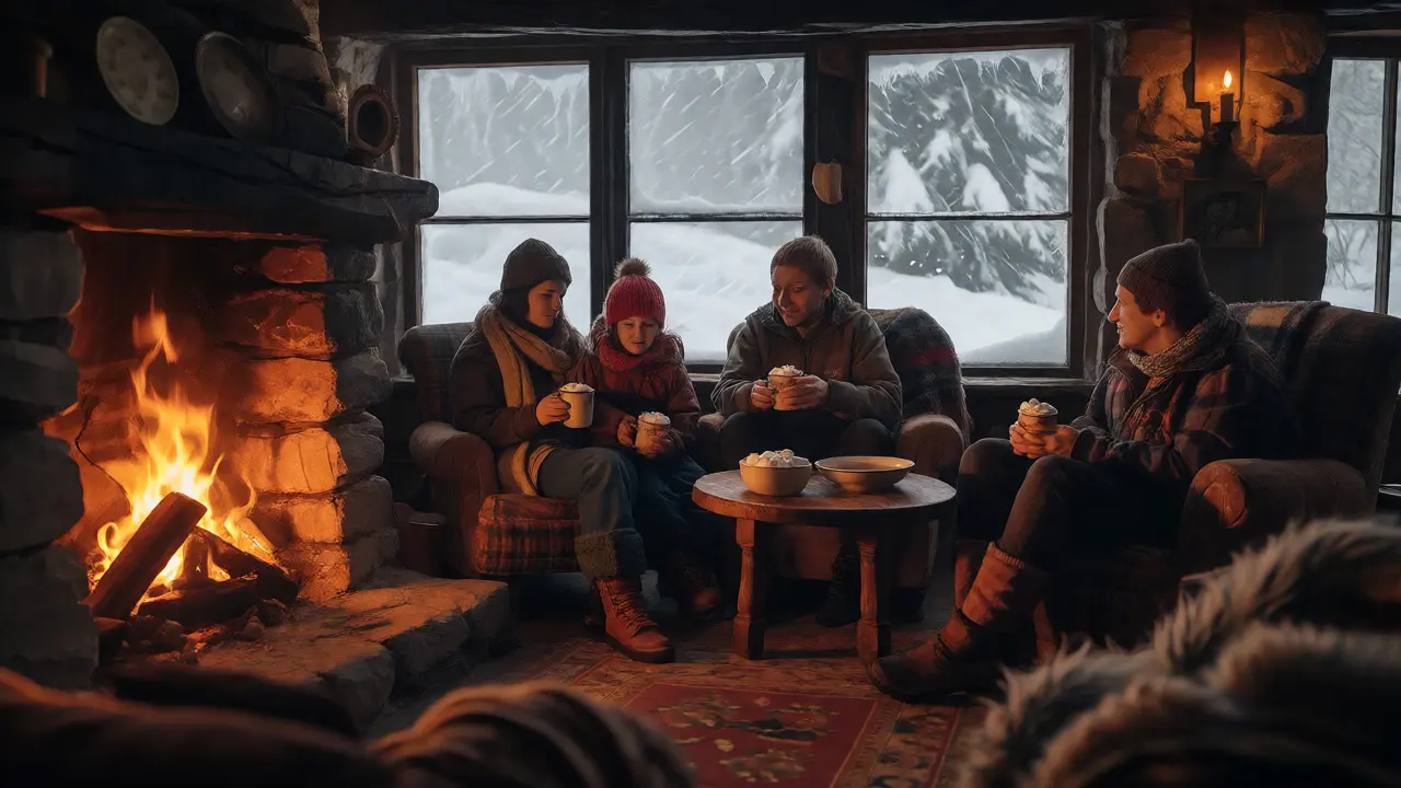 Family relaxing by roaring fireplace in cozy pub with hot chocolate during snowstorm