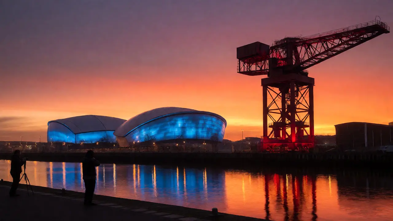 Finnieston Crane silhouette at sunset with the glowing SSE Hydro in the background