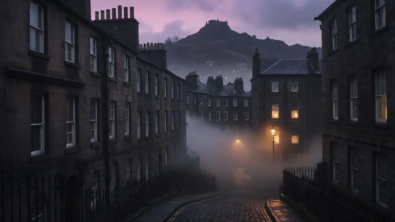 Foggy, narrow cobblestone alley in Edinburgh's Old Town at twilight