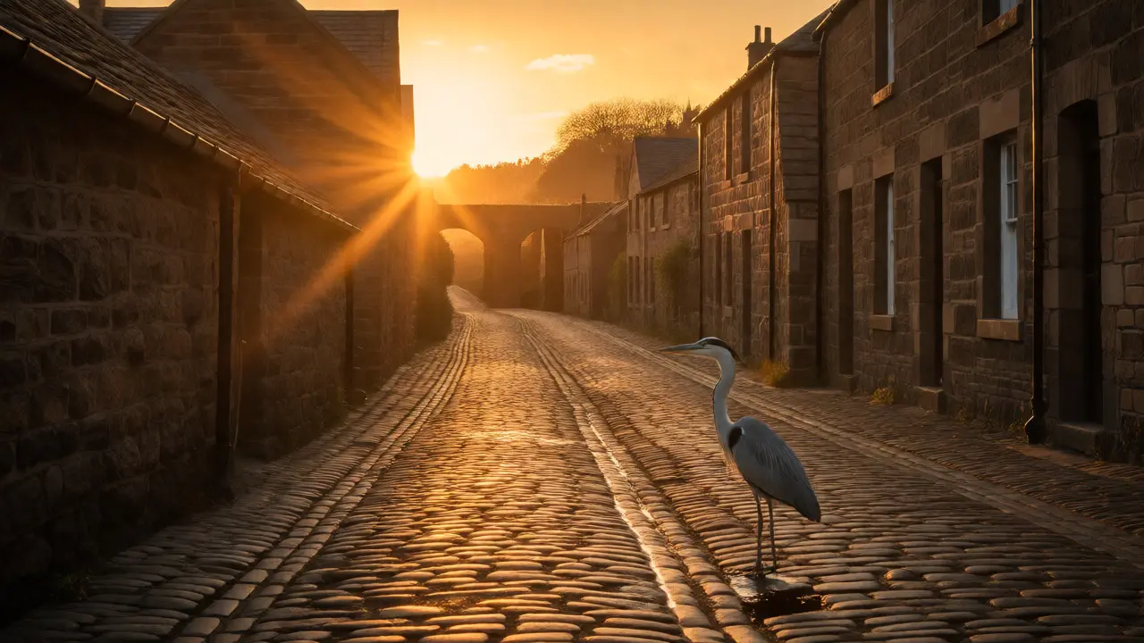 Golden hour view of Dean Village cobbled lane with a heron fishing in the River Leith