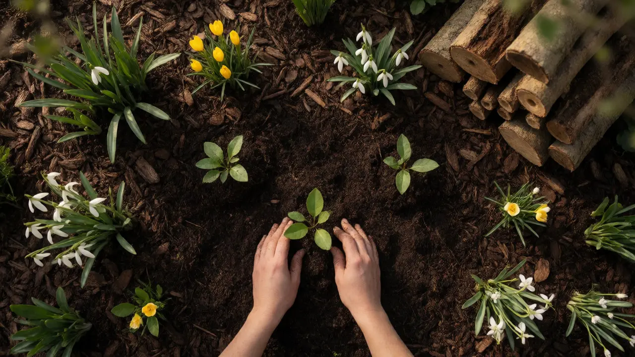 Hands planting native seedlings in mulched soil with snowdrops