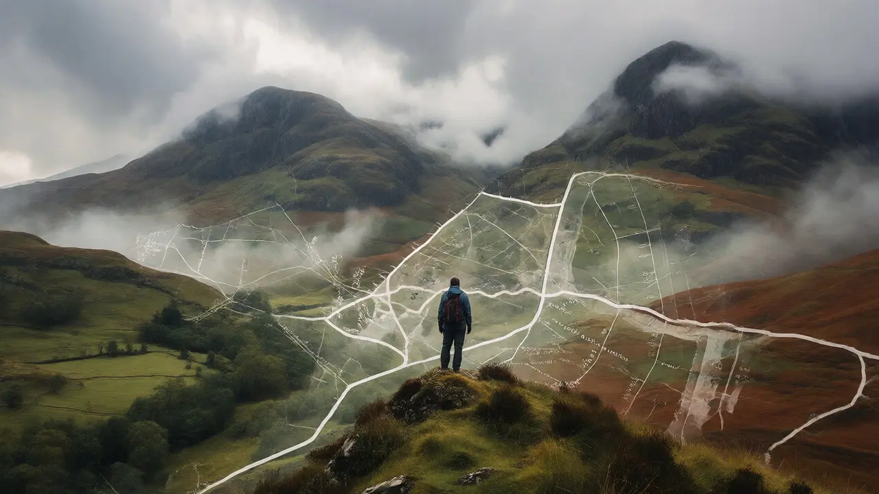 Hiker in Scottish Highlands with ghostly overlay of historic drovers' roads.