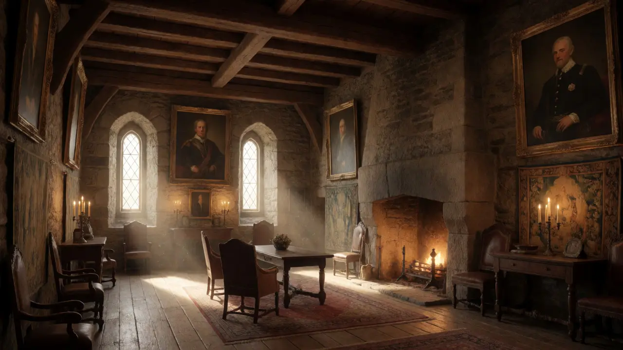 Interior of Dunvegan Castle's Great Hall featuring ancestral portraits, stone walls, and warm historic ambiance.