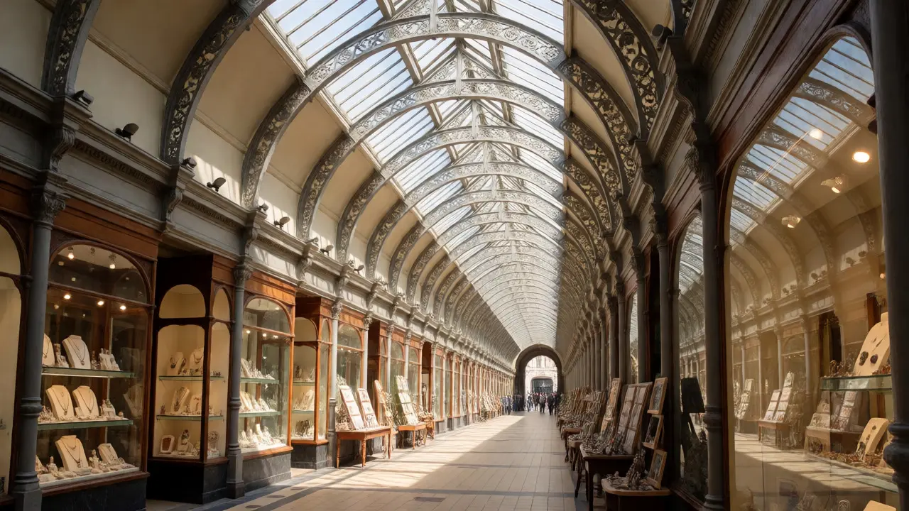 Interior of Royal Arcade with cast-iron roof and boutique shops