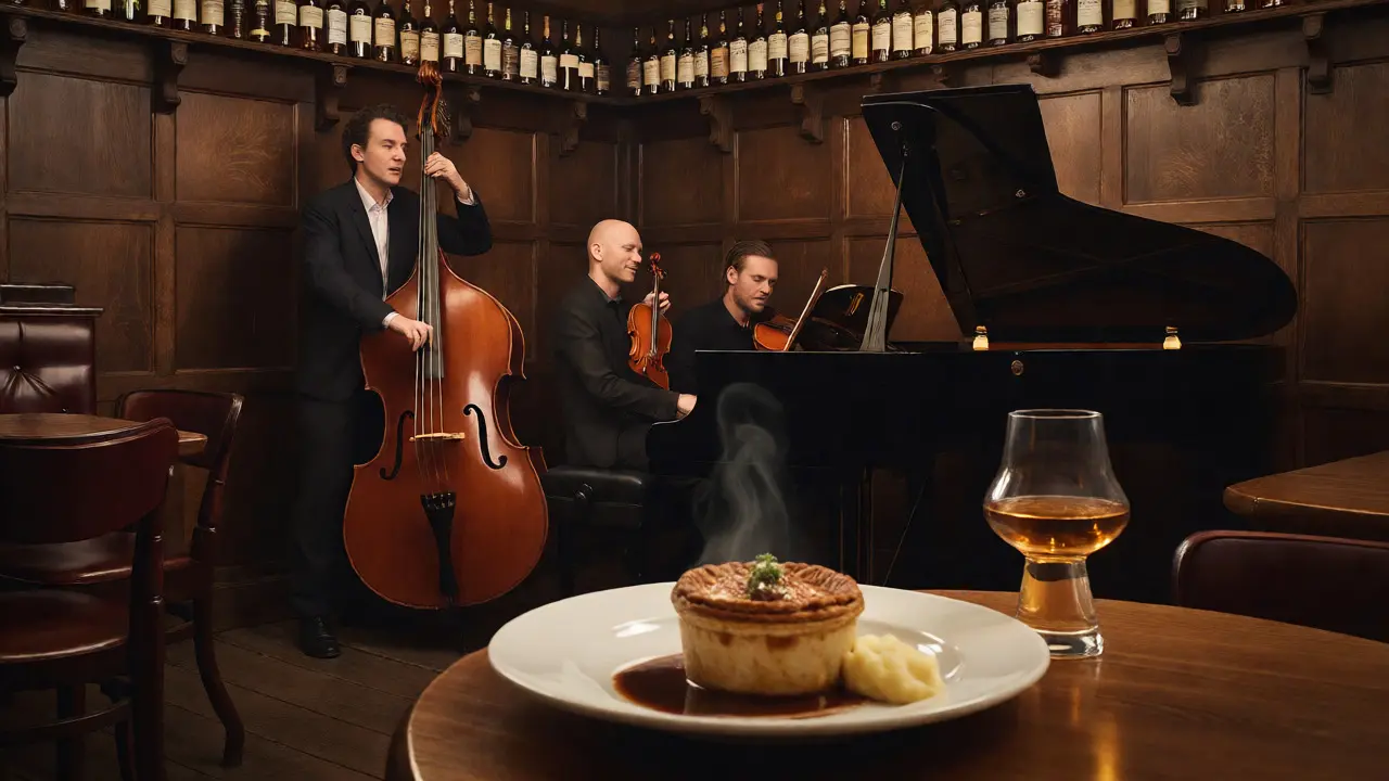 Jazz trio performing in a wood-paneled Edinburgh bar with a steak pie and whisky in the foreground.