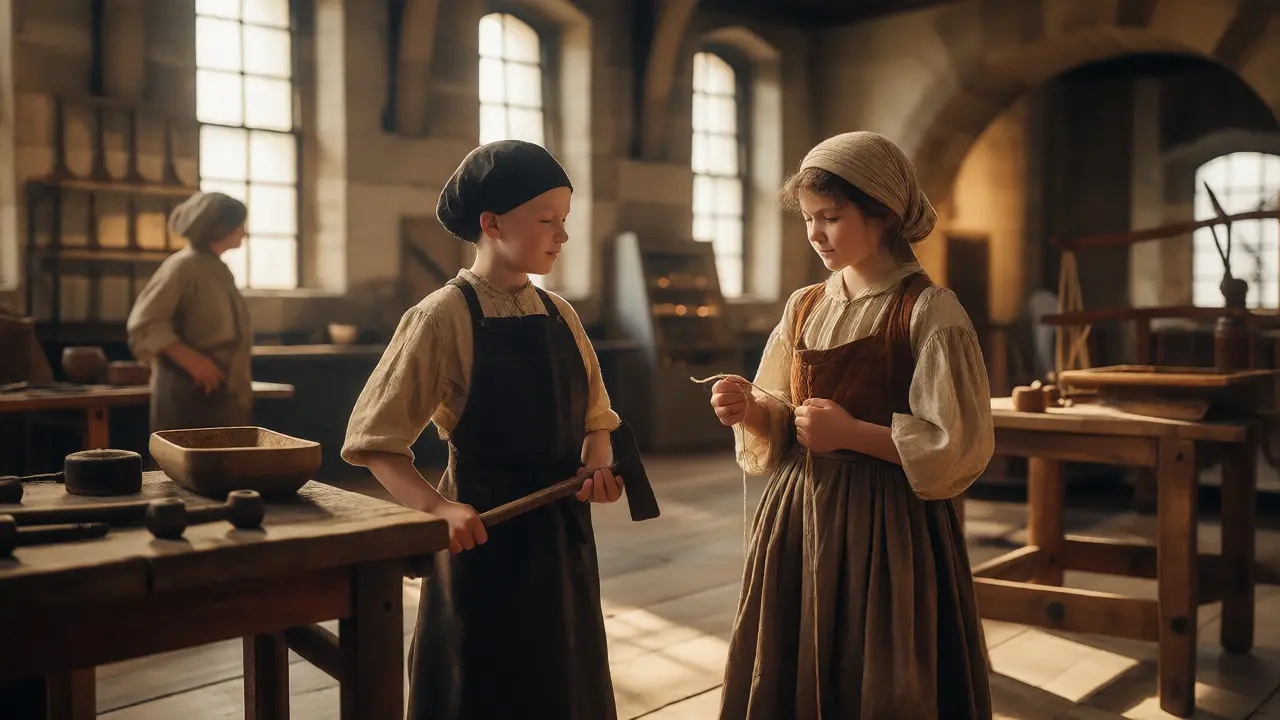 Kids in historical costumes role-playing as blacksmiths and weavers at the National Museum of Scotland.