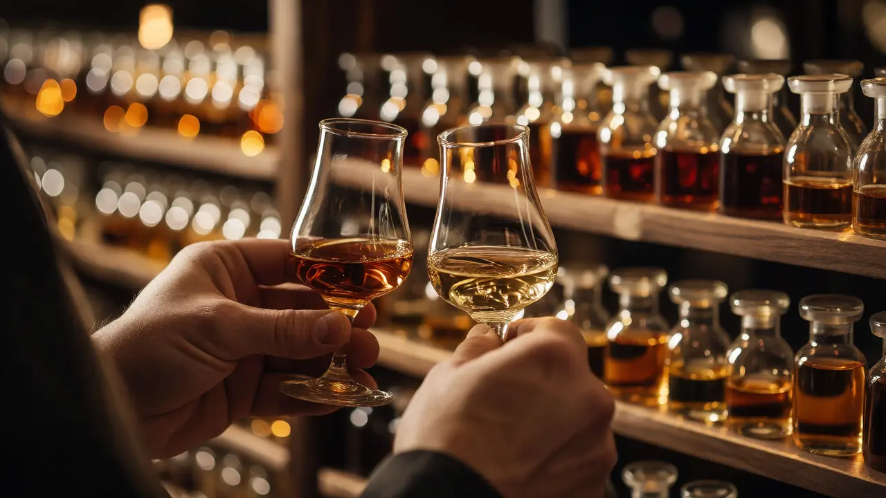 Master Blender comparing single malt and blended whisky in tasting glasses