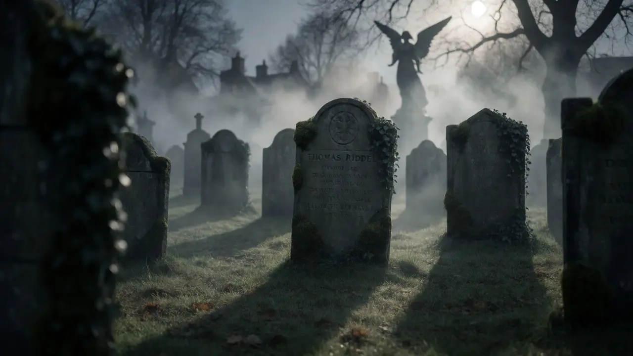 Misty Greyfriars Kirkyard at dusk featuring ancient tombstones and the Black Angel statue silhouette.