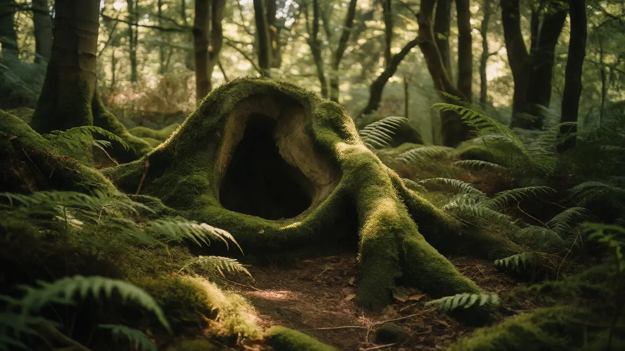 Moss-covered sculpture blending into the forest floor at Forest of Dean