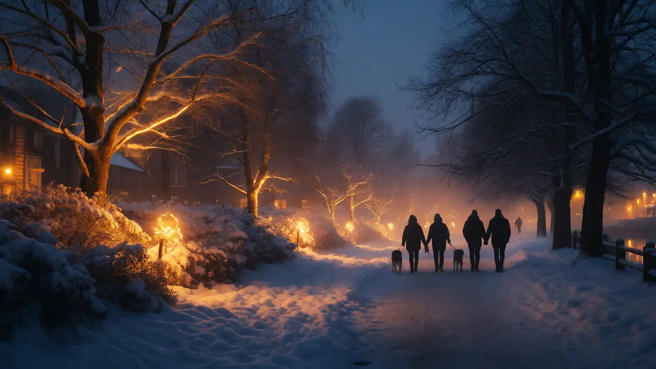 Nighttime Winter Lights trail in Aviemore with glowing trees along snowy river path