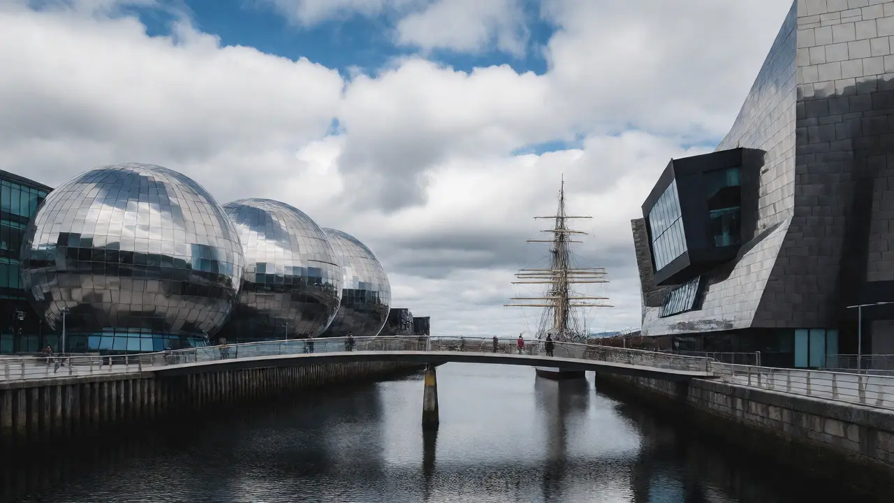 Pacific Quay with the Science Centre spheres and Riverside Museum across the river