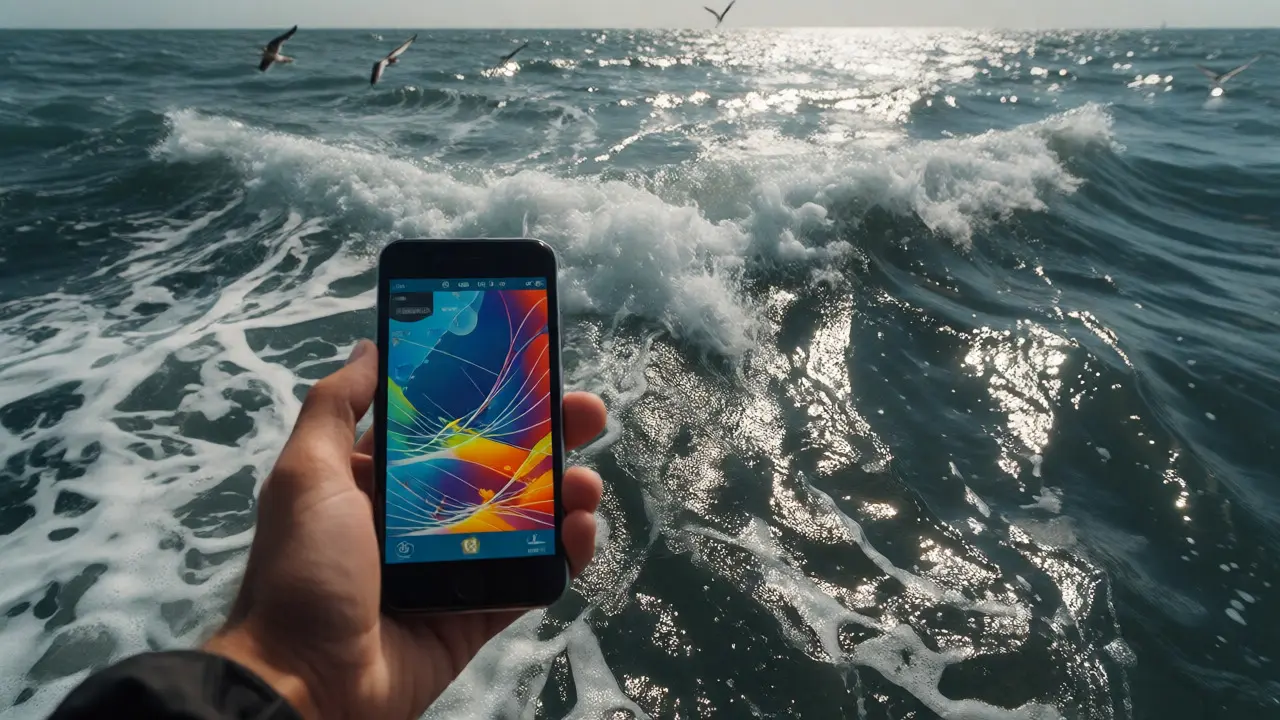 Person checking a weather app on a phone while observing turbulent rip currents in the sea.