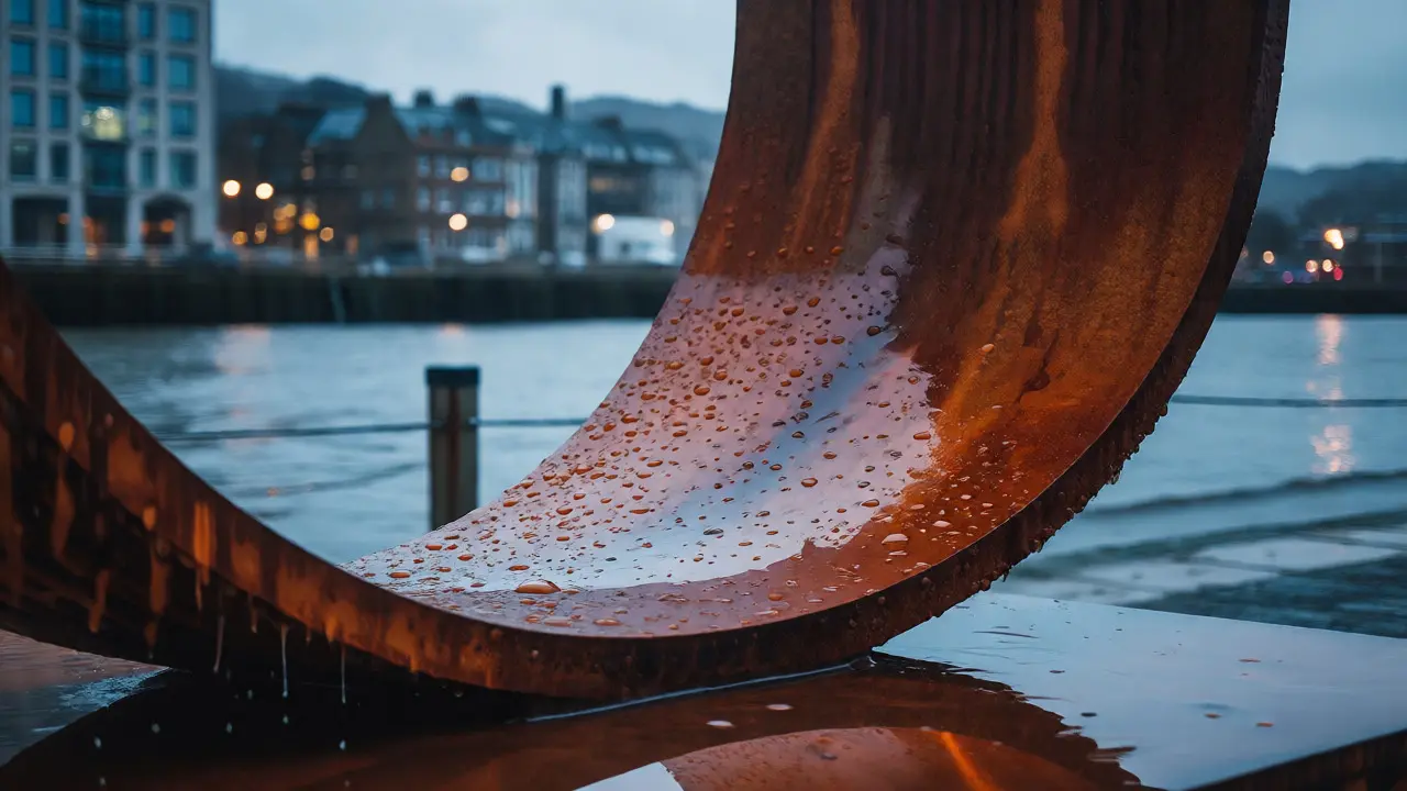 Rusty Corten steel sculpture with raindrops near a Scottish waterfront