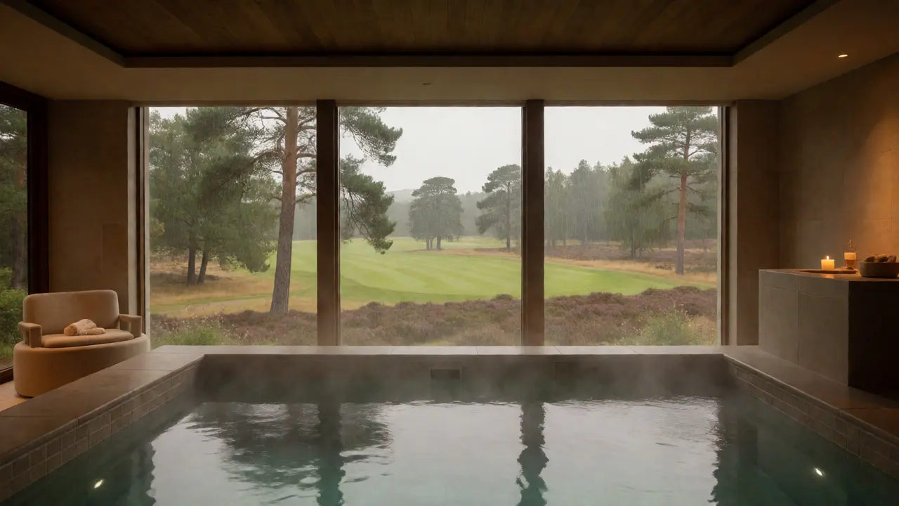 Serene hydrotherapy pool at Gleneagles Spa overlooking the parkland golf course